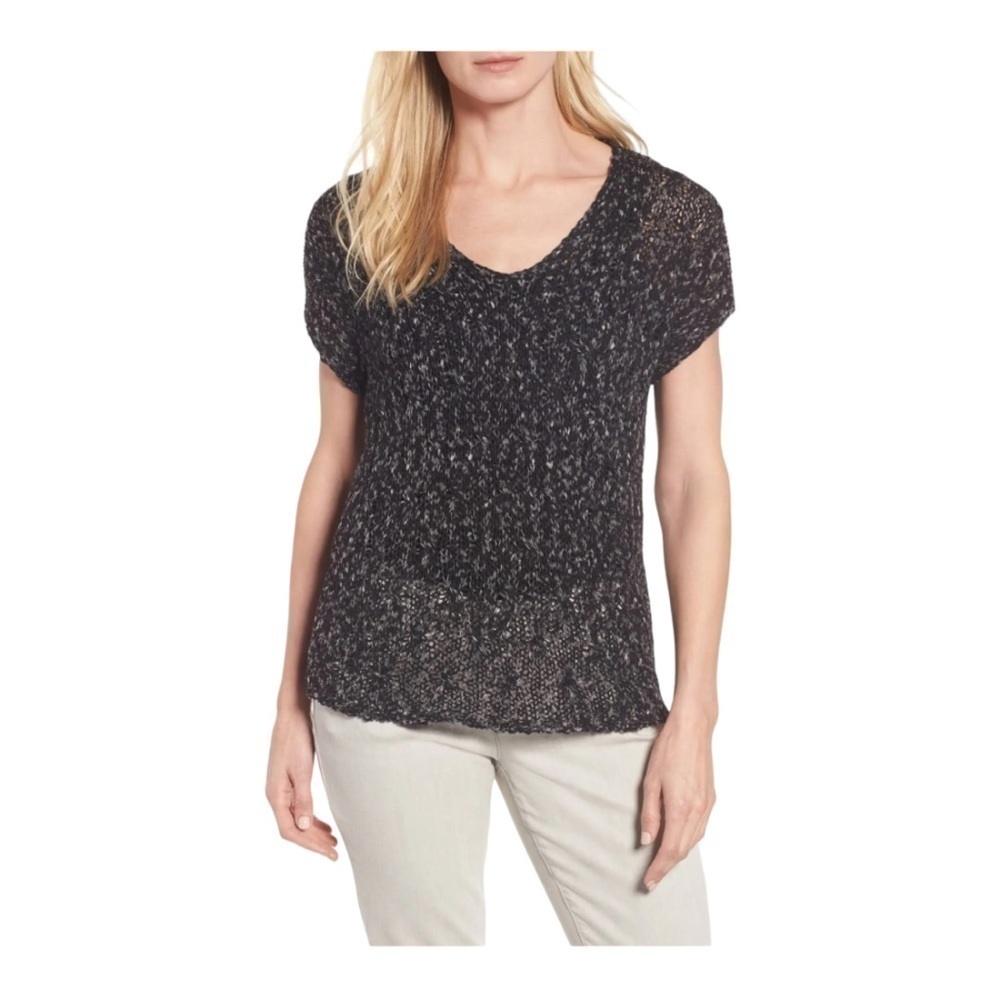 Eileen Fisher Cap-Sleeve V-Neck Semisheer Knit Top